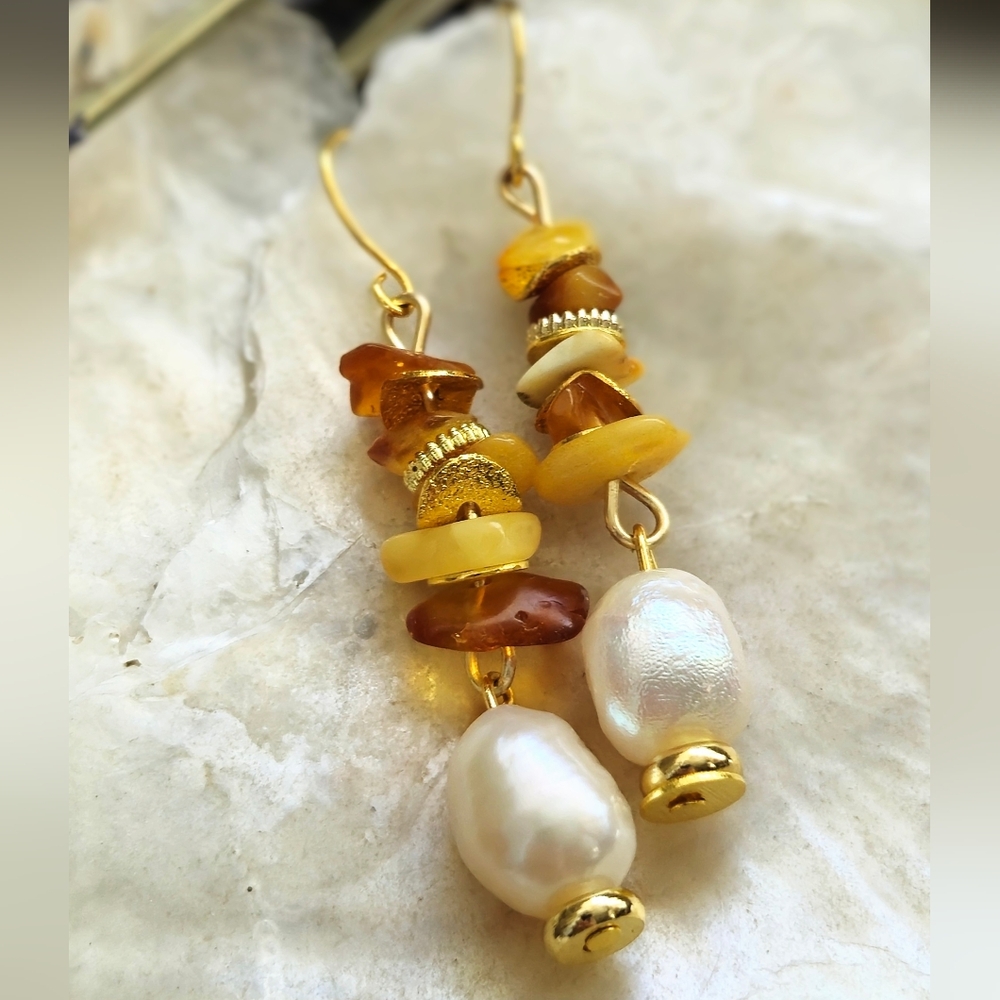 Amber Cognac And Butterscotch And White Freshwater Baroque Pearls Earrings